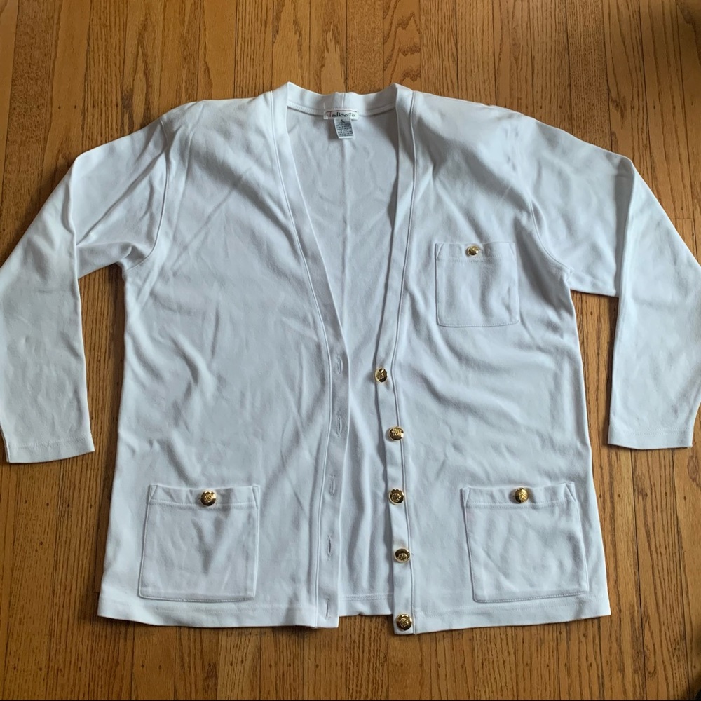 White cotton cardigan with gold buttons